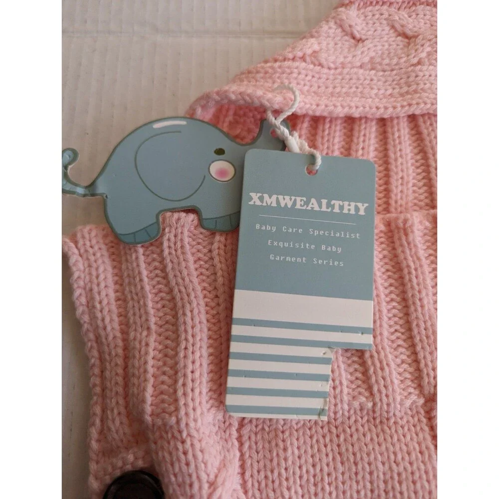 Pink Cable Knit Hooded Baby Bunting Cocoon Swaddle Tassel Button New